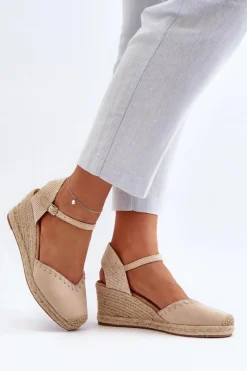 Zamszowe Sandały Espadryle Na Koturnie Z Plecionką Beżowe Raylin Damskie Sandały Na Koturnie