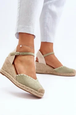Boto Zamszowe Sandały Espadryle Na Koturnie Z Plecionką Zielone Raylin