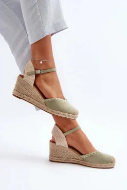 Boto Zamszowe Sandały Espadryle Na Koturnie Z Plecionką Zielone Raylin