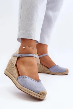 Boto Zamszowe Sandały Espadryle Na Koturnie Z Plecionką Niebieskie Raylin