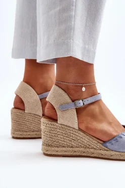 Boto Zamszowe Sandały Espadryle Na Koturnie Z Plecionką Niebieskie Raylin