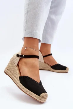 Sandały Na Koturnie>Boto Zamszowe Sandały Espadryle Na Koturnie Z Plecionką Czarne Raylin