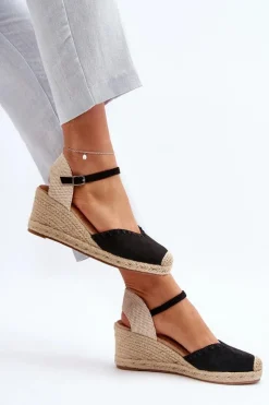 Sandały Na Koturnie>Boto Zamszowe Sandały Espadryle Na Koturnie Z Plecionką Czarne Raylin