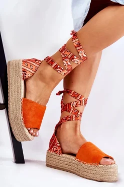 Clearance Zamszowe Sandały Na Koturnie Pomarańczowe Livia Damskie Sandały Na Koturnie