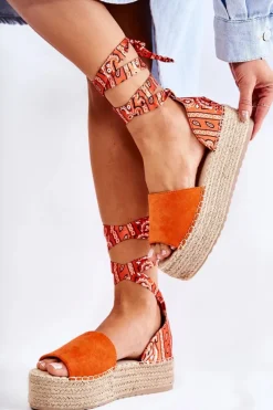 Clearance Zamszowe Sandały Na Koturnie Pomarańczowe Livia Damskie Sandały Na Koturnie