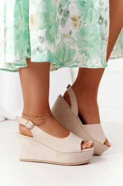 Boto Zamszowe Sandały Na Koturnie Beżowe Party Time