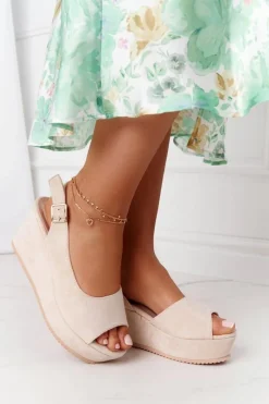 Boto Zamszowe Sandały Na Koturnie Beżowe Party Time