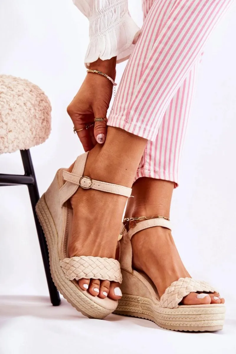 Clearance Zamszowe Sandały Na Koturnie Beżowe Gabriela Damskie Sandały Na Koturnie