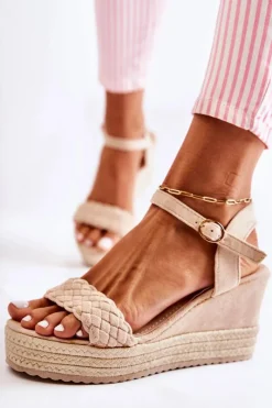 Clearance Zamszowe Sandały Na Koturnie Beżowe Gabriela Damskie Sandały Na Koturnie