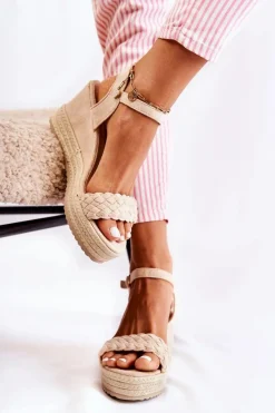 Clearance Zamszowe Sandały Na Koturnie Beżowe Gabriela Damskie Sandały Na Koturnie