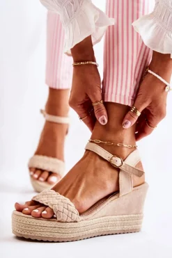 Clearance Zamszowe Sandały Na Koturnie Beżowe Gabriela Damskie Sandały Na Koturnie