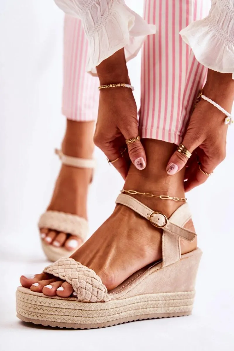 Clearance Zamszowe Sandały Na Koturnie Beżowe Gabriela Damskie Sandały Na Koturnie