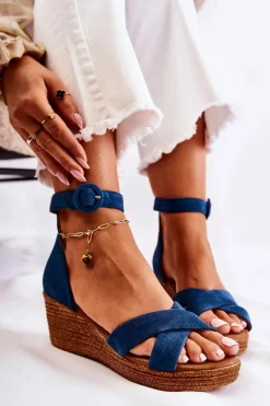 Discount Maciejka Zamszowe Sandały Na Koturnie 04565-06 Granatowe