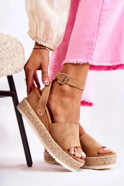 Hot Zamszowe Sandały Na Koturnie Camel Lizbona Damskie Sandały Na Koturnie