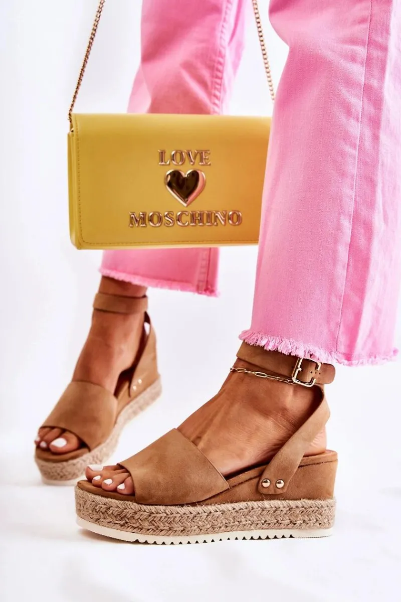 Hot Zamszowe Sandały Na Koturnie Camel Lizbona Damskie Sandały Na Koturnie