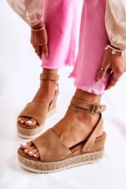 Hot Zamszowe Sandały Na Koturnie Camel Lizbona Damskie Sandały Na Koturnie