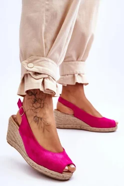 Hot Zamszowe Sandały Na Koturnie Fuksja Elsie Damskie Sandały Na Koturnie