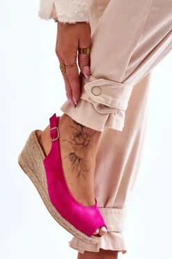 Hot Zamszowe Sandały Na Koturnie Fuksja Elsie Damskie Sandały Na Koturnie