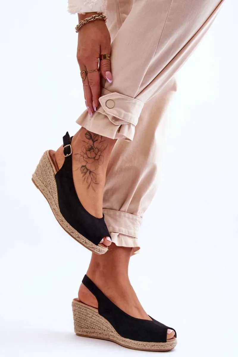 Boto Zamszowe Sandały Na Koturnie Czarne Elsie