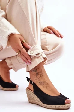 Boto Zamszowe Sandały Na Koturnie Czarne Elsie