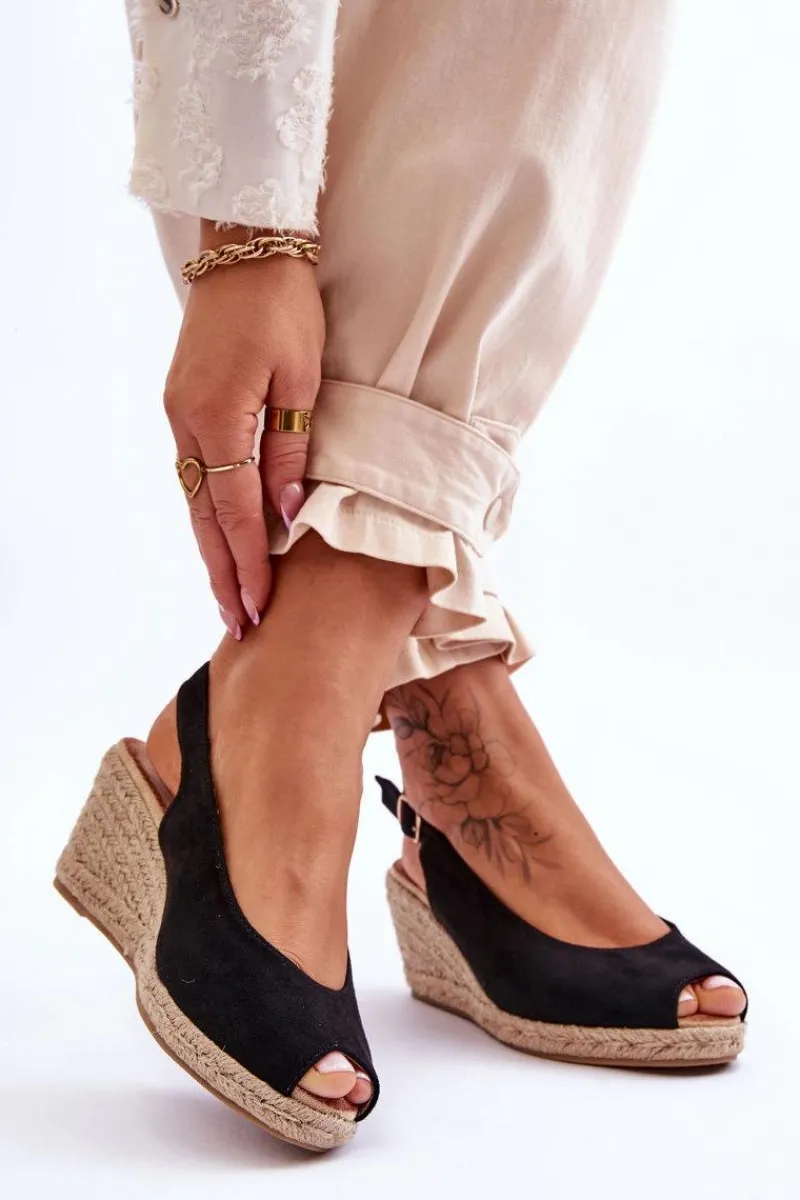 Boto Zamszowe Sandały Na Koturnie Czarne Elsie