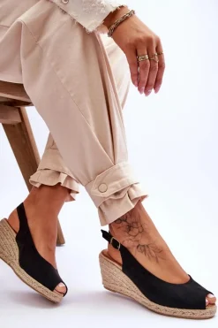 Boto Zamszowe Sandały Na Koturnie Czarne Elsie