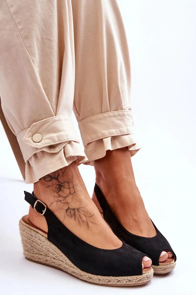 Boto Zamszowe Sandały Na Koturnie Czarne Elsie