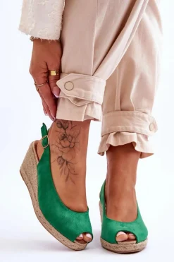 Hot Zamszowe Sandały Na Koturnie Zielone Elsie Damskie Sandały Na Koturnie