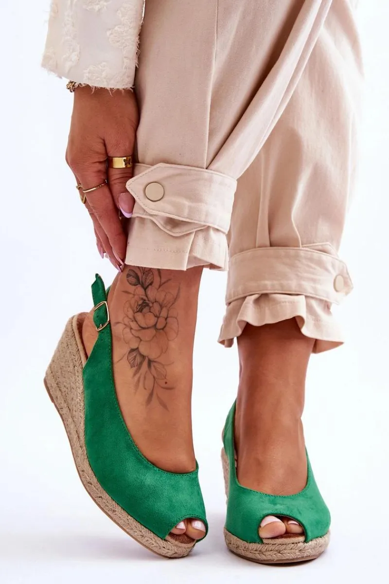 Hot Zamszowe Sandały Na Koturnie Zielone Elsie Damskie Sandały Na Koturnie