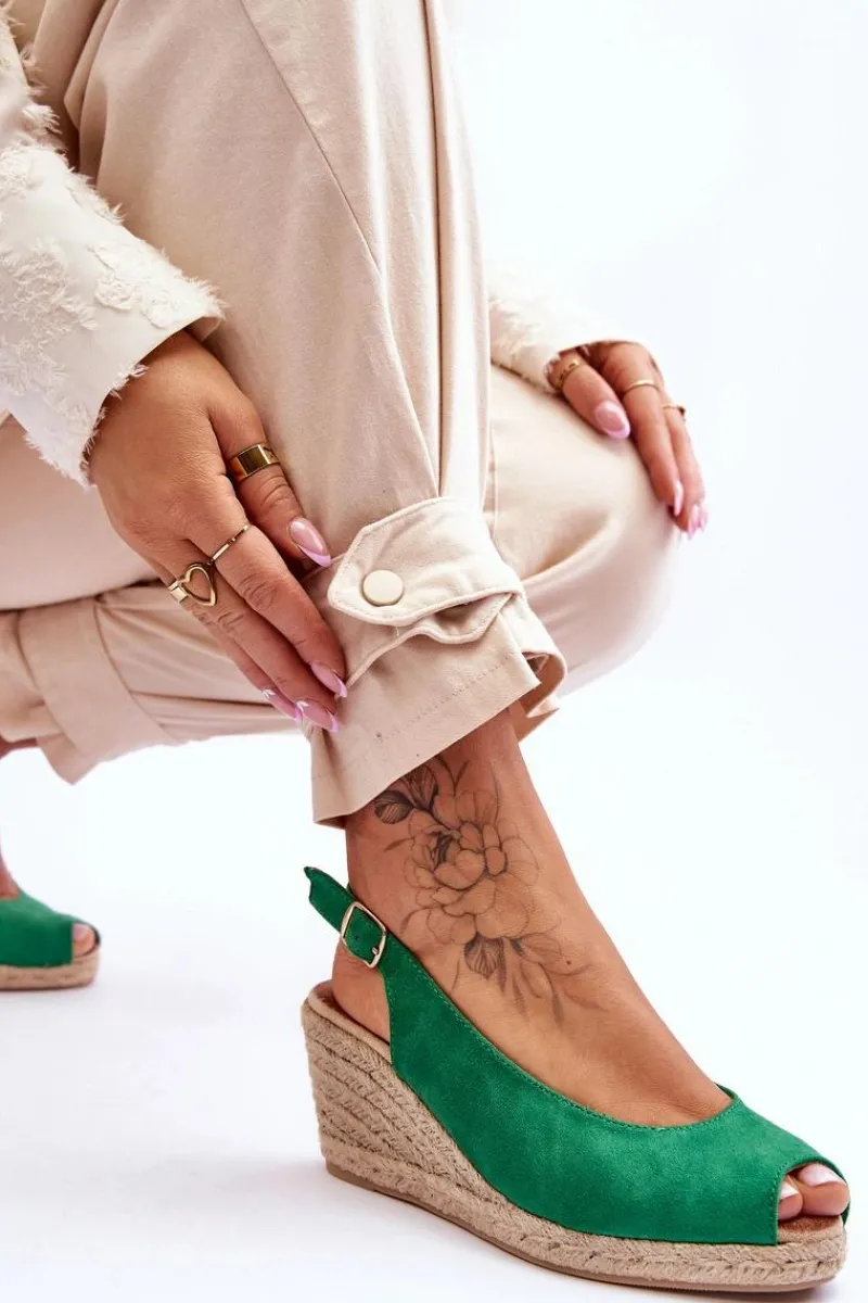 Hot Zamszowe Sandały Na Koturnie Zielone Elsie Damskie Sandały Na Koturnie