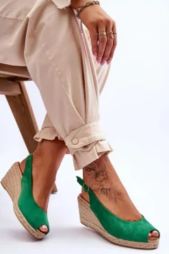 Hot Zamszowe Sandały Na Koturnie Zielone Elsie Damskie Sandały Na Koturnie