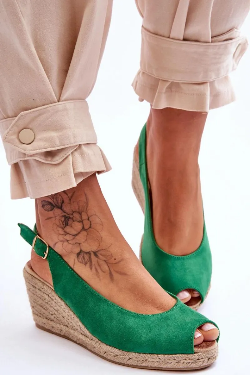 Hot Zamszowe Sandały Na Koturnie Zielone Elsie Damskie Sandały Na Koturnie