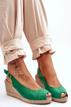 Hot Zamszowe Sandały Na Koturnie Zielone Elsie Damskie Sandały Na Koturnie