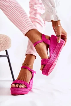 New Zamszowe Sandały Na Koturnie Fuksja Gabriela Damskie Sandały Na Koturnie