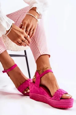 New Zamszowe Sandały Na Koturnie Fuksja Gabriela Damskie Sandały Na Koturnie