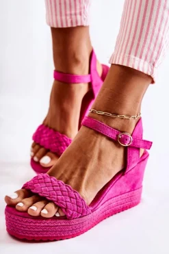 New Zamszowe Sandały Na Koturnie Fuksja Gabriela Damskie Sandały Na Koturnie