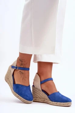 Hot Zamszowe Sandały Na Koturnie Niebieskie Selfoss Damskie Sandały Na Koturnie