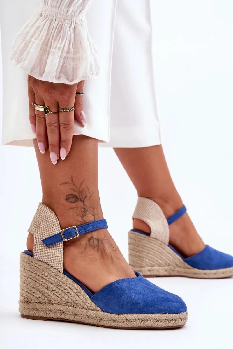 Hot Zamszowe Sandały Na Koturnie Niebieskie Selfoss Damskie Sandały Na Koturnie