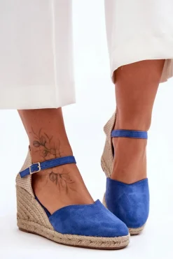 Hot Zamszowe Sandały Na Koturnie Niebieskie Selfoss Damskie Sandały Na Koturnie