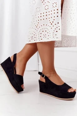 Hot Zamszowe Sandały Na Koturnie Czarne Party Time Damskie Sandały Na Koturnie