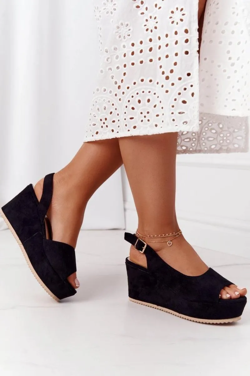 Hot Zamszowe Sandały Na Koturnie Czarne Party Time Damskie Sandały Na Koturnie