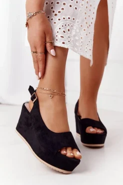 Hot Zamszowe Sandały Na Koturnie Czarne Party Time Damskie Sandały Na Koturnie