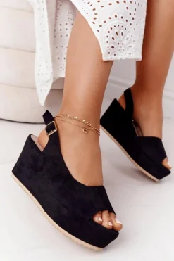 Hot Zamszowe Sandały Na Koturnie Czarne Party Time Damskie Sandały Na Koturnie