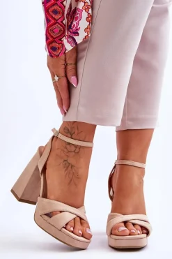 Sale Boto Zamszowe Sandały Na Kwadratowym Obcasie Beżowe Powerful