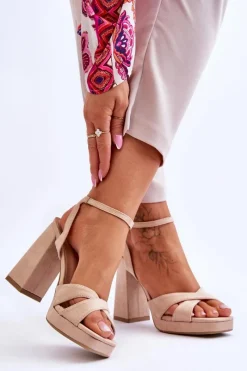 Sale Boto Zamszowe Sandały Na Kwadratowym Obcasie Beżowe Powerful