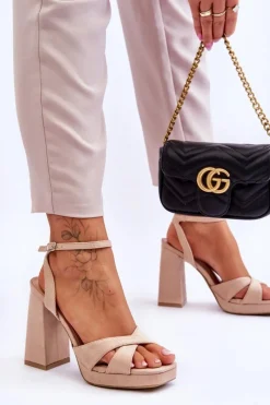 Sale Boto Zamszowe Sandały Na Kwadratowym Obcasie Beżowe Powerful