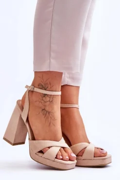 Sale Boto Zamszowe Sandały Na Kwadratowym Obcasie Beżowe Powerful