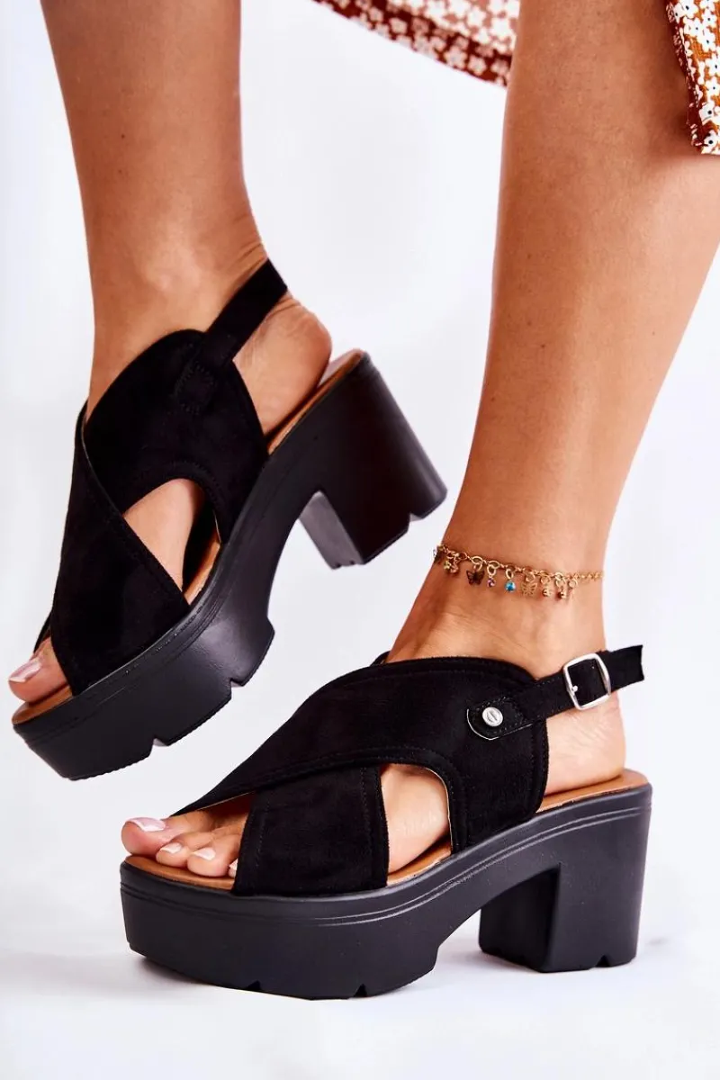 Boto Zamszowe Sandały Na Obcasie Czarne Arlena