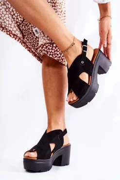 Boto Zamszowe Sandały Na Obcasie Czarne Arlena