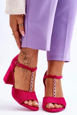 Zamszowe Sandały Na Obcasie Z Cyrkoniami Fuksja Aniya Damskie Sandały Na Obcasie